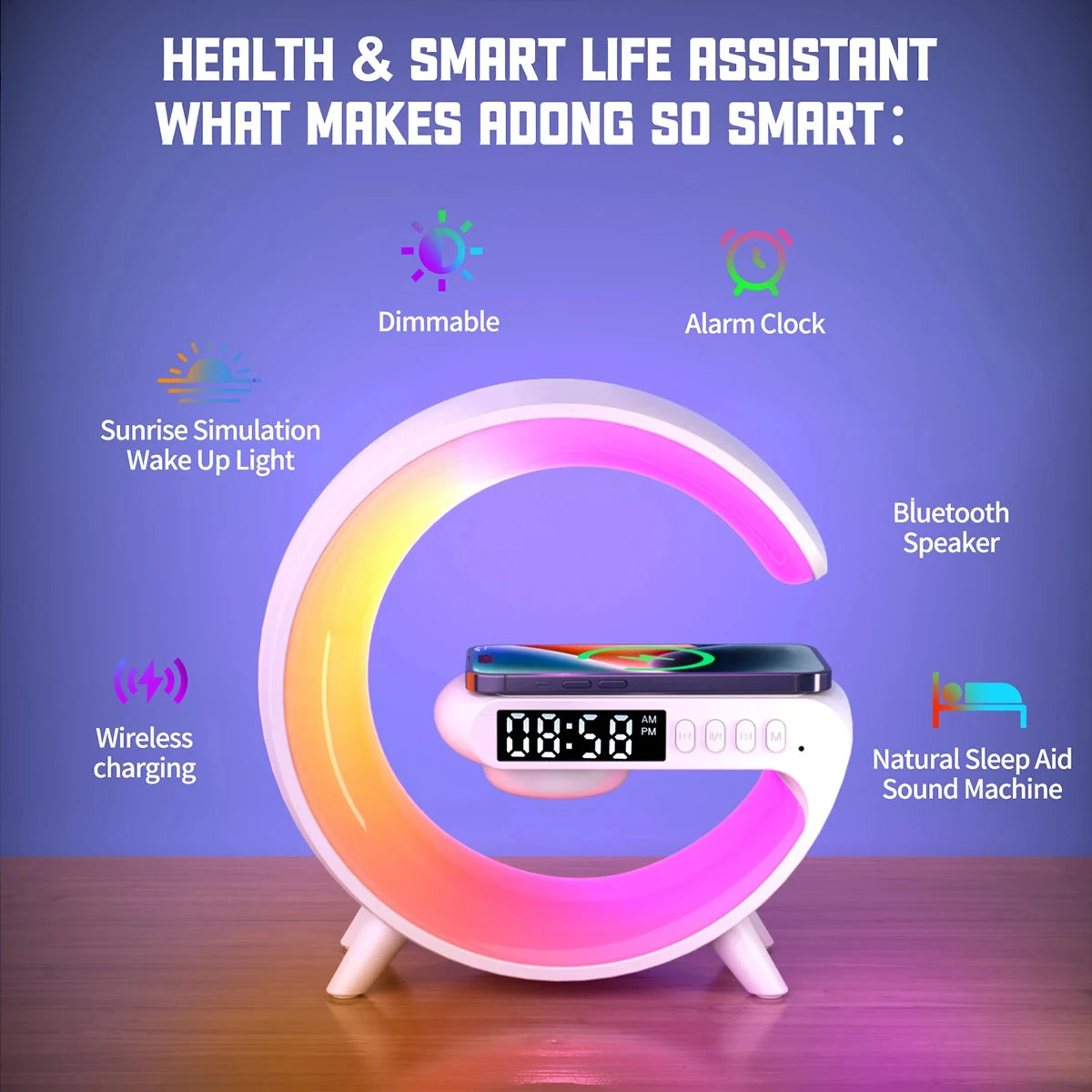 Night Light Lamp with Alarm Clock, Blueotooth Speaker, Wireless Charger Station Pad