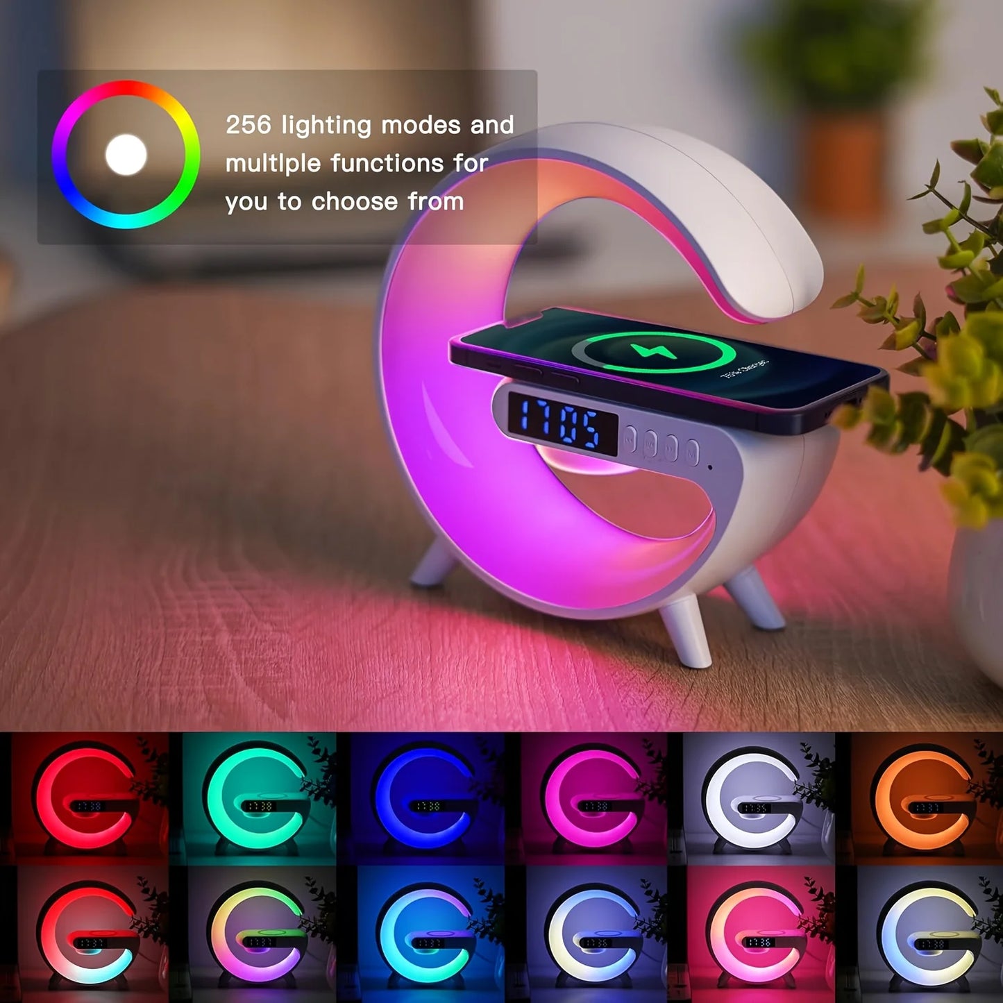 Night Light Lamp with Alarm Clock, Blueotooth Speaker, Wireless Charger Station Pad