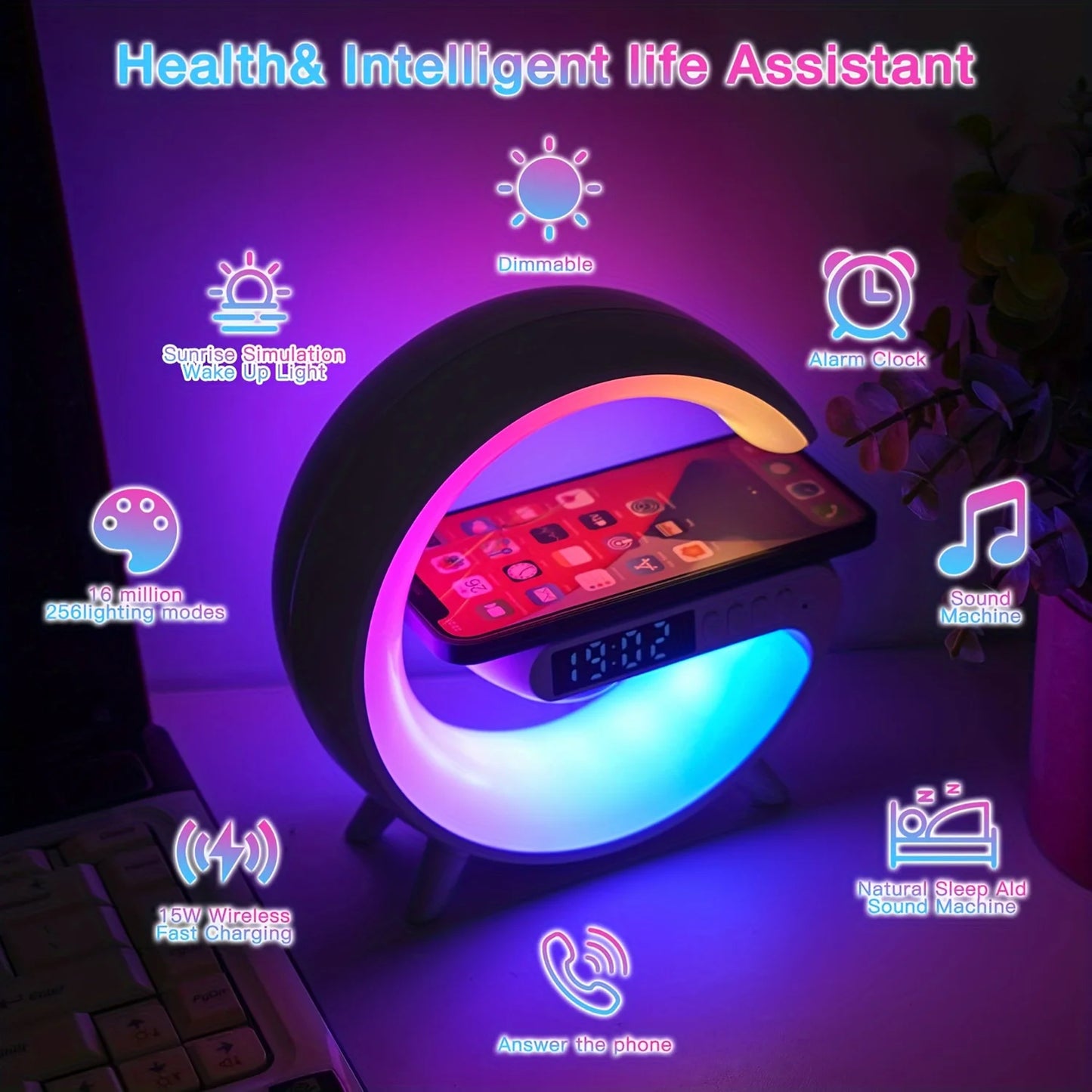 Night Light Lamp with Alarm Clock, Blueotooth Speaker, Wireless Charger Station Pad